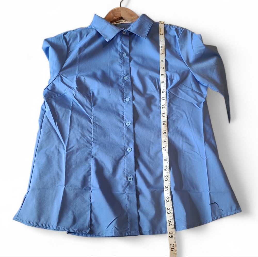 Women's Doublju Brand Slim Fit Dress Shirt Half Sleeve Stretch Size L Blue NWT! - Picture 7 of 12